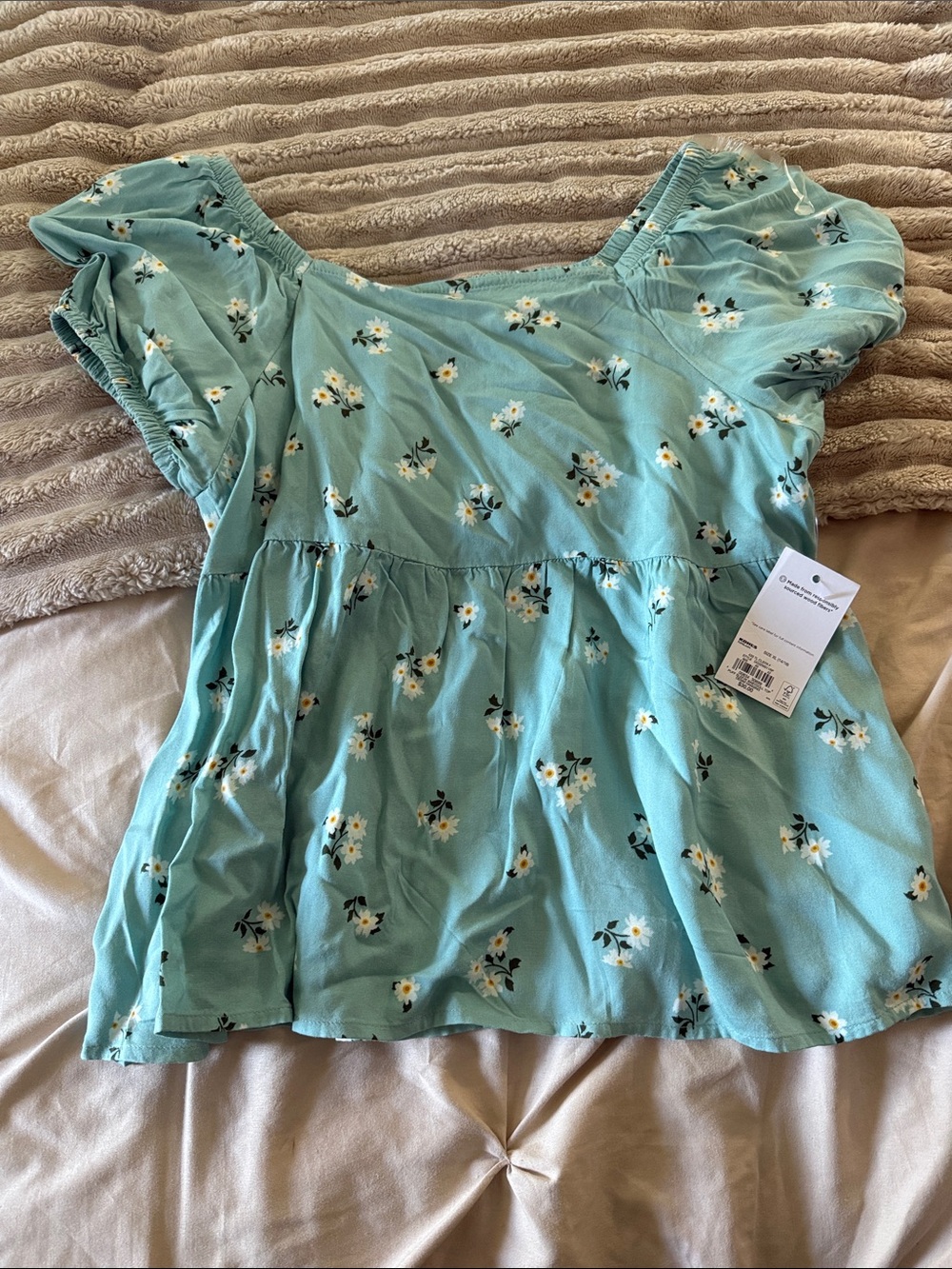 NEW Girls SO XL Mint Green Floral Puff Sleeve Peplum Blouse